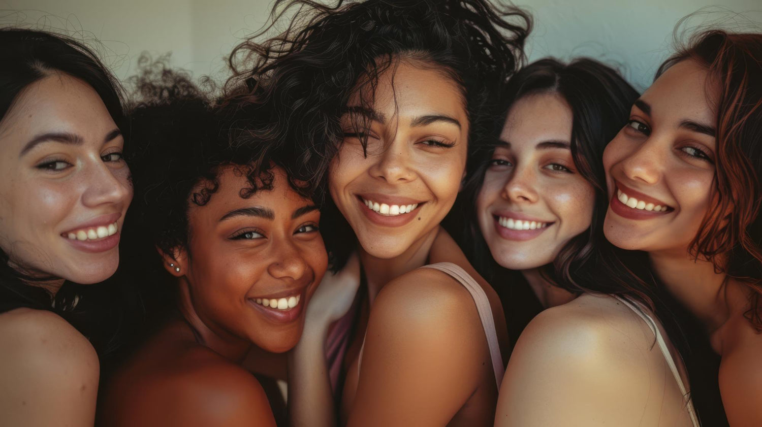 group of 5 women smiling at the camera with beautiful skin